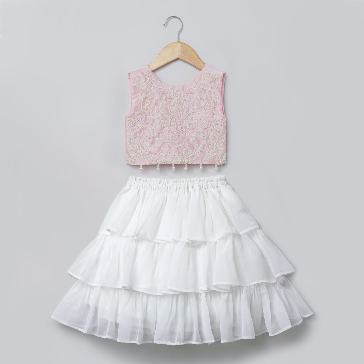 BYB PREMIUM BABY PINK AND WHITE GIRLS PEARL HAND EMBROIDERY  RAW SILK AND GORGETTE SKIRT AND TOP