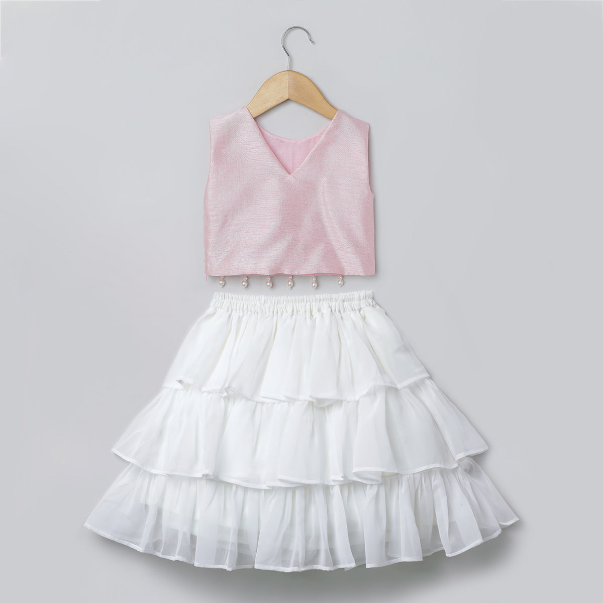 BYB PREMIUM BABY PINK AND WHITE GIRLS PEARL HAND EMBROIDERY  RAW SILK AND GORGETTE SKIRT AND TOP