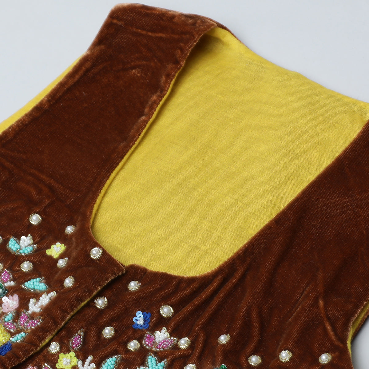 BYB PREMIUM MUSTARD YELLOW AND BROWN GIRLS MULTI COLOR FLORAL HAND EMBROIDERY DOLA SILK AND VELVET ANARKALI PYJAMA WITH JACKET