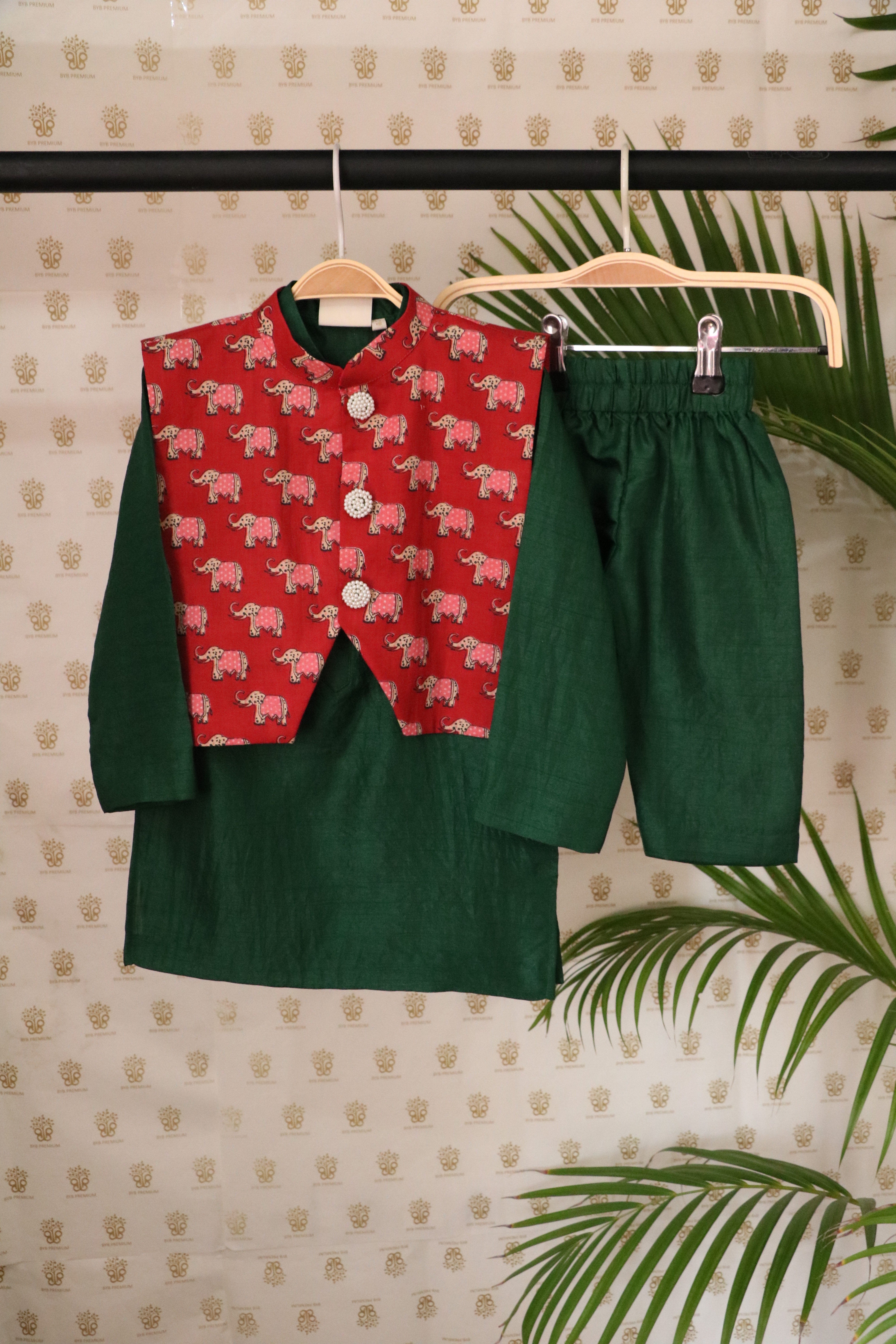 BYB PREMIUM DARK GREEN AND RED BOYS JAIPURI ELEPHANT PRINT PURE COTTON KURTA PYJAMA AND JACKET