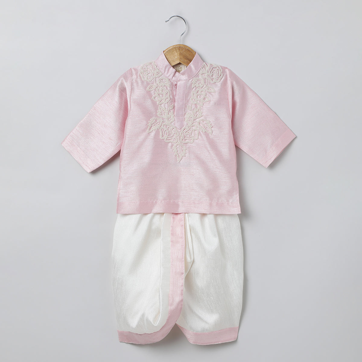 BYB PREMIUM BABY PINK AND WHITE BOYS PEARL HAND EMBROIDERY  RAW SILK KURTA DHOTI