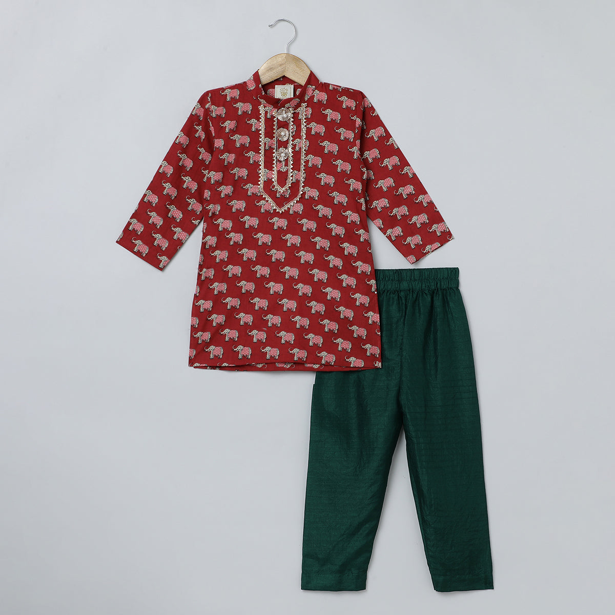 BYB PREMIUM RED AND DARK GREEN BOYS JAIPURI ELEPHANT PRINT PURE COTTON KURTA PYJAMA