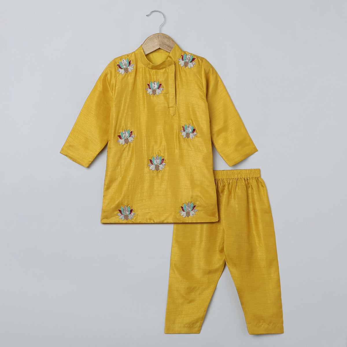 BYB PREMIUM MUSTARD YELLOW BOYS MULTI COLOR LOTUS EMBROIDERY SILK KURTA PYJAMA