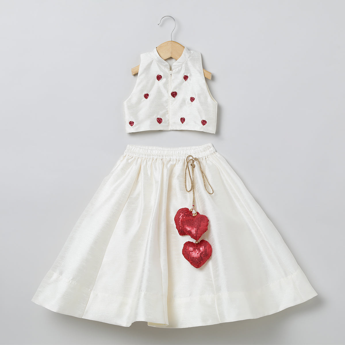 BYB PREMIUM RED AND WHITE GIRLS HEART OR LOVE SHAPE BEADED EMBROIDERY WITH FANCY LATKAN RAW SILK SKIRT AND TOP