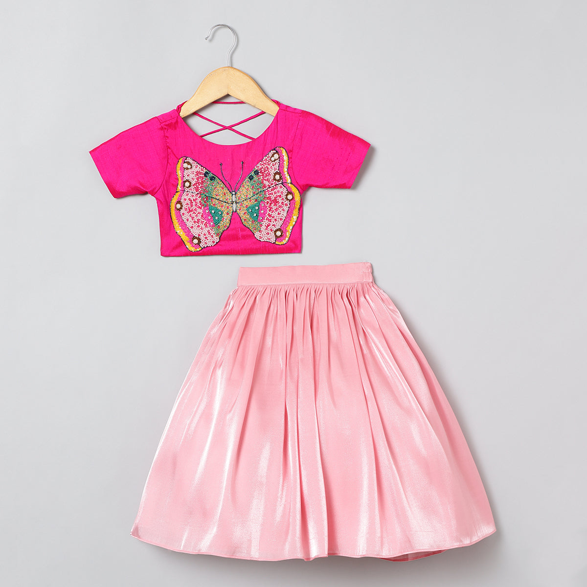 BYB PREMIUM GIRLS BUTTERFLY EMBROIDERY AND SHINNY GLASS TISSUE SKIRT AND TOP