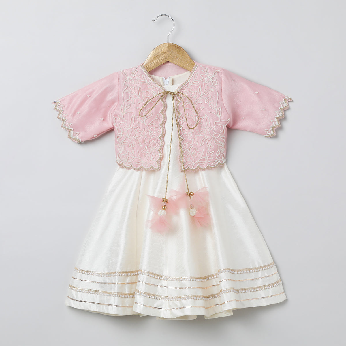 BYB PREMIUM BABY PINK AND WHITE GIRLS PEARL HAND EMBROIDERY RAW SILK AND ORGANZA ETHNIC DRESS WITH JACKET