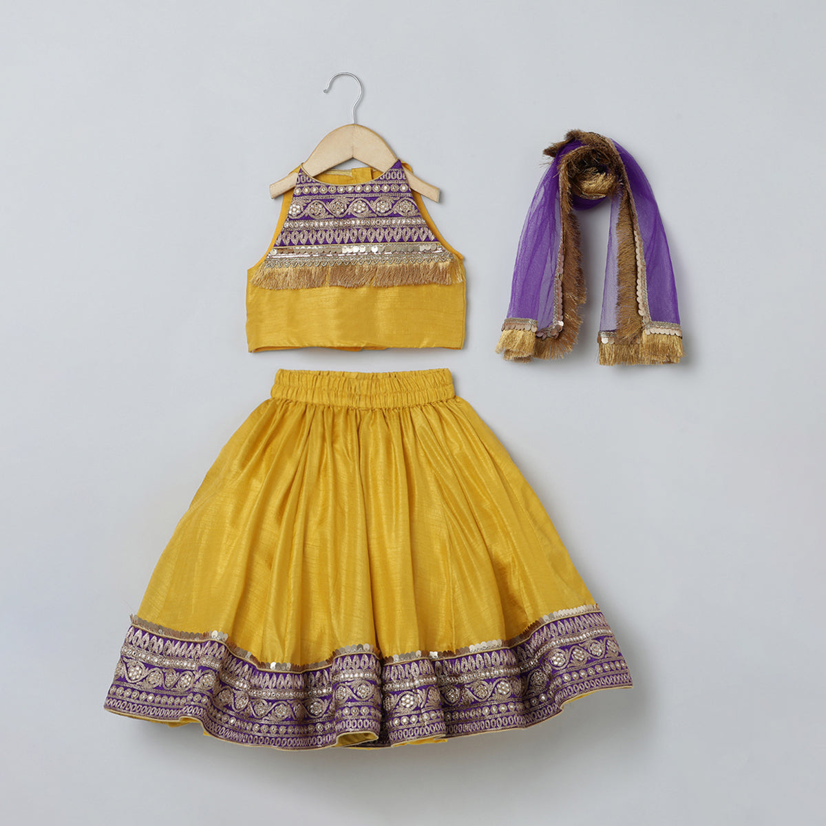 BYB PREMIUM YELLOW AND PURPLE GIRLS EMBROIDERED LACE WORK SILK LEHENGA CHOLI DUPATTA