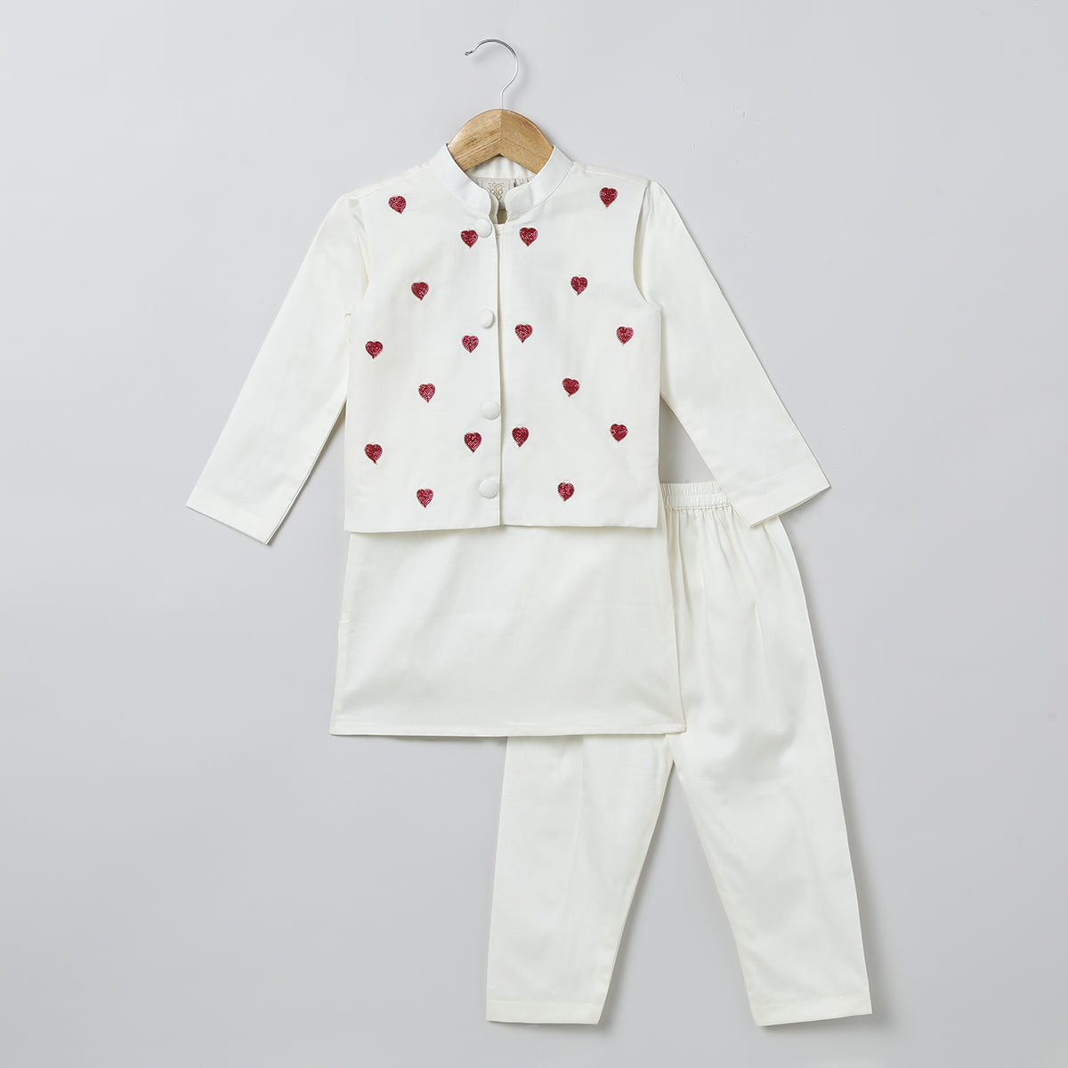 BYB PREMIUM WHITE AND RED BOYS HEART OR LOVE SHAPE BEADED EMBROIDERY PURE COTTON KURTA PYJAMA WITH JACKET