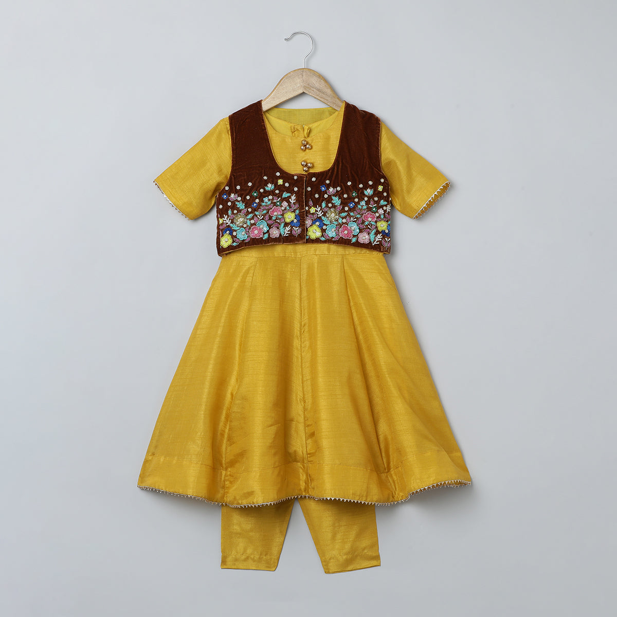 BYB PREMIUM MUSTARD YELLOW AND BROWN GIRLS MULTI COLOR FLORAL HAND EMBROIDERY DOLA SILK AND VELVET ANARKALI PYJAMA WITH JACKET