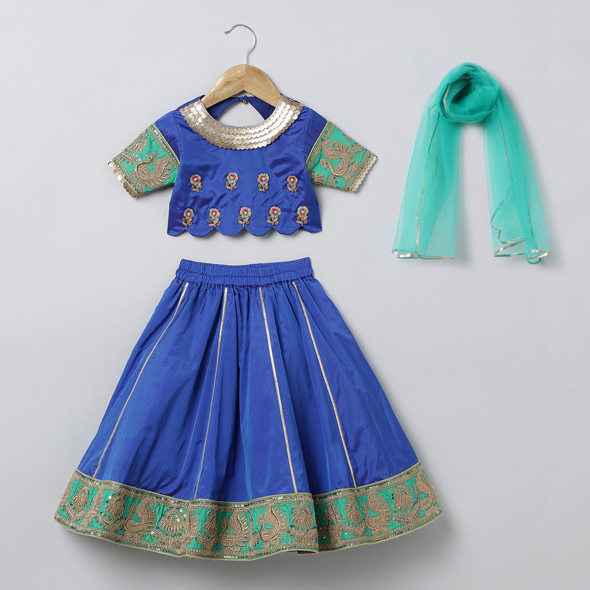 BYB PREMIUM ROYAL BLUE AND GREEN GIRLS EMBROIDERY AND LACE WORK SILK LEHENGA CHOLI WITH DUPATTA