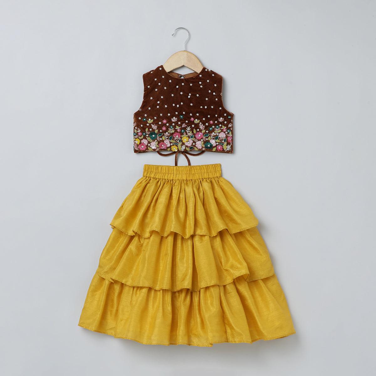 BYB PREMIUM BROWN AND MUSTARD YELLOW GIRLS HEAVY FLORAL HAND EMBROIDERY VELVET AND SILK THREE TIRED SKIRT AND TOP