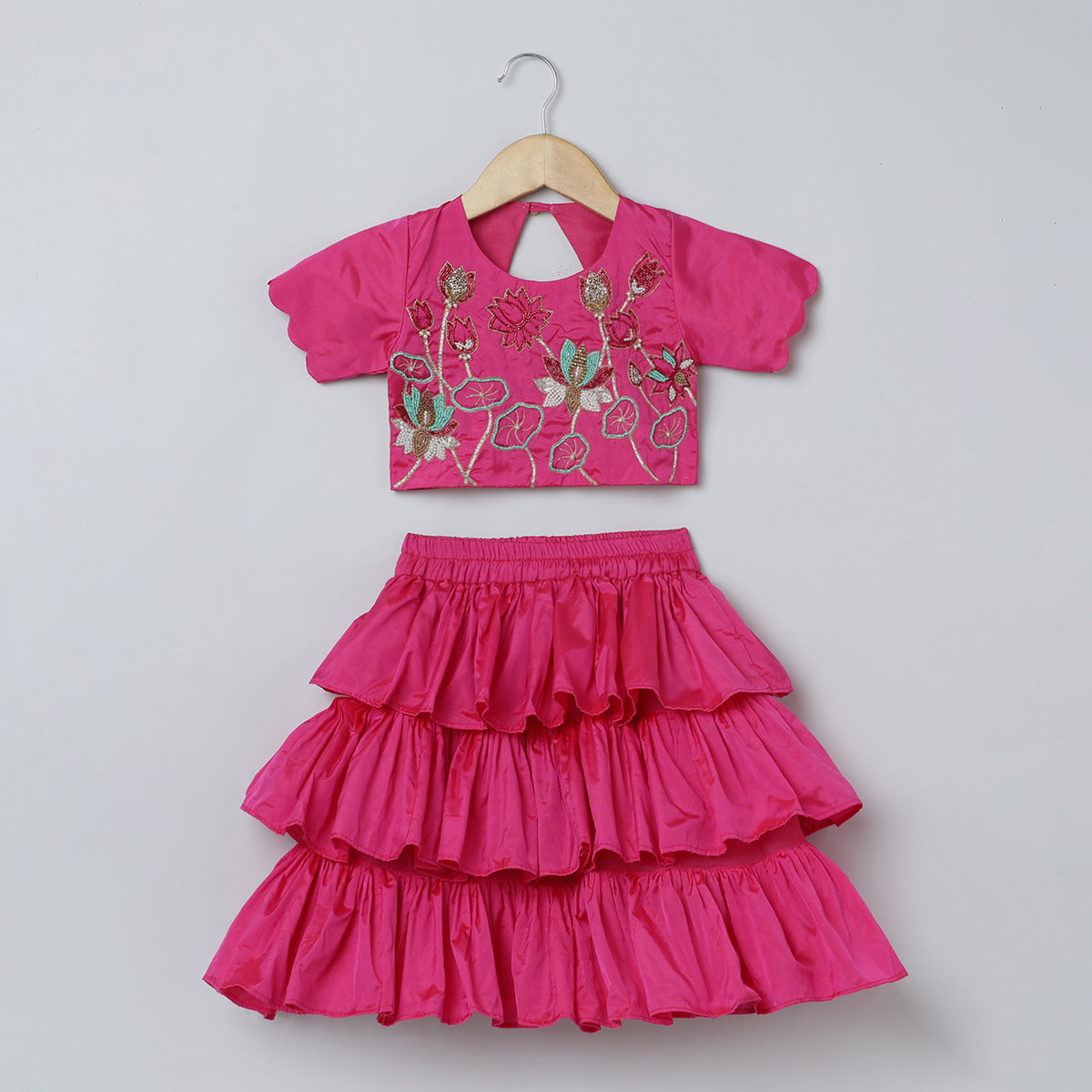 BYB PREMIUM PINK GIRLS LOTUS HAND PEARL AND BEADS EMBROIDERY BANGLORE SILK  THREE TIRED SKIRT AND TOP