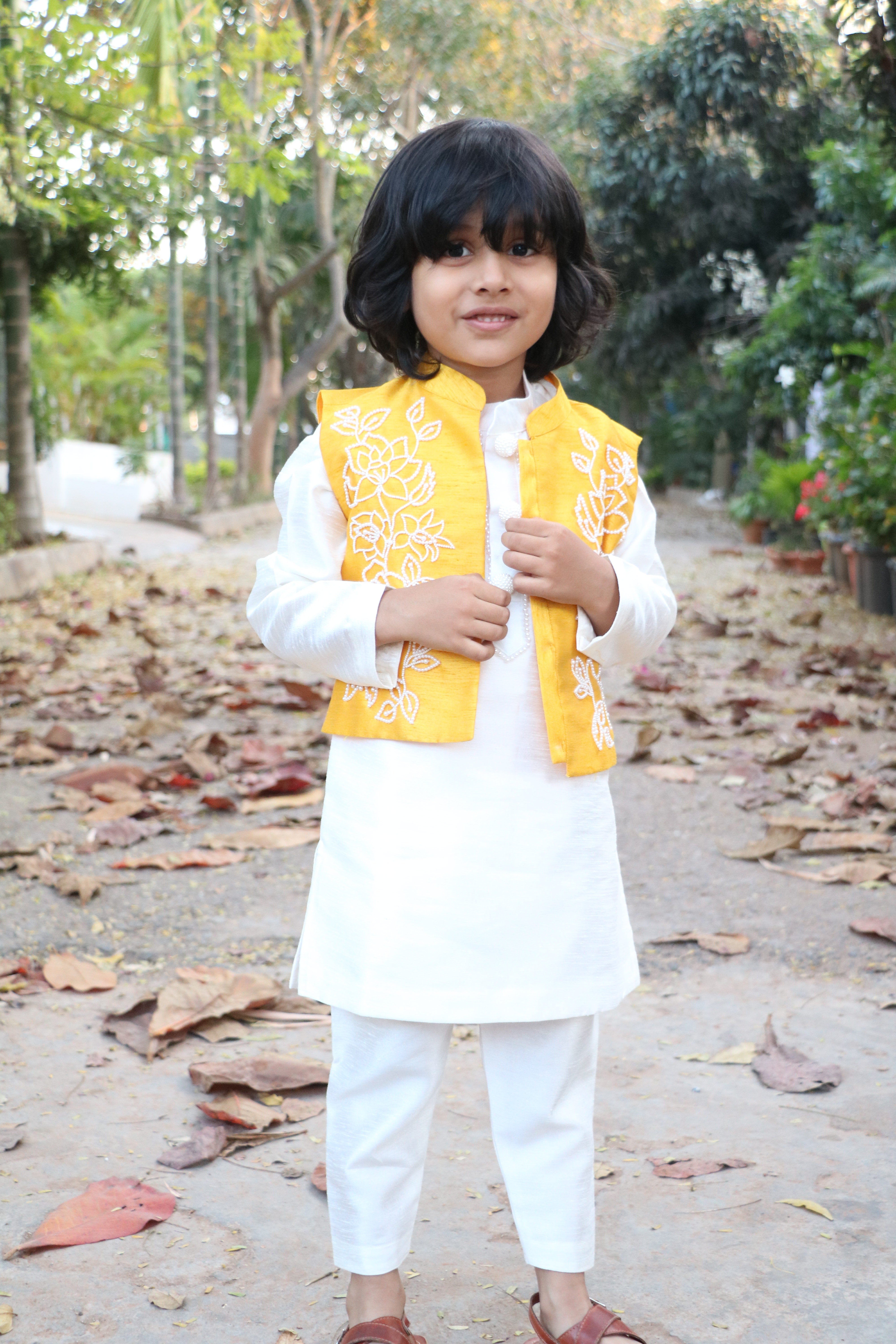 BYB PREMIUM YELLOW AND WHITE BOYS PEARL HAND EMBROIDERY  RAW SILK KURTA PYJAMA WITH JACKET