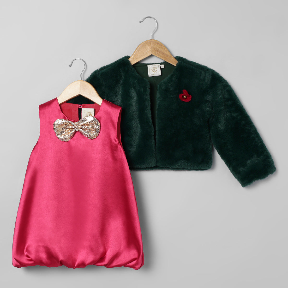 BYB PREMIUM CHERRY RED BALLON DRESS WITH GREEN FUR JACKET