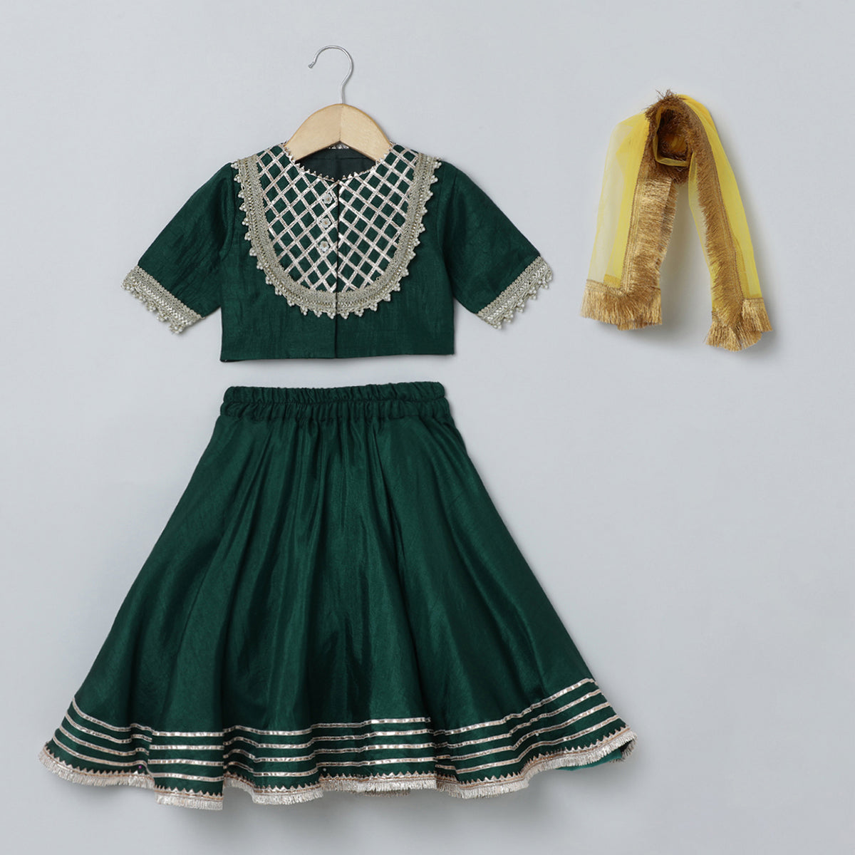 BYB PREMIUM DARK GREEN AND YELLOW GIRLS GOTTA WORK RAW SILK LEHENGA CHOLI DUPATTA