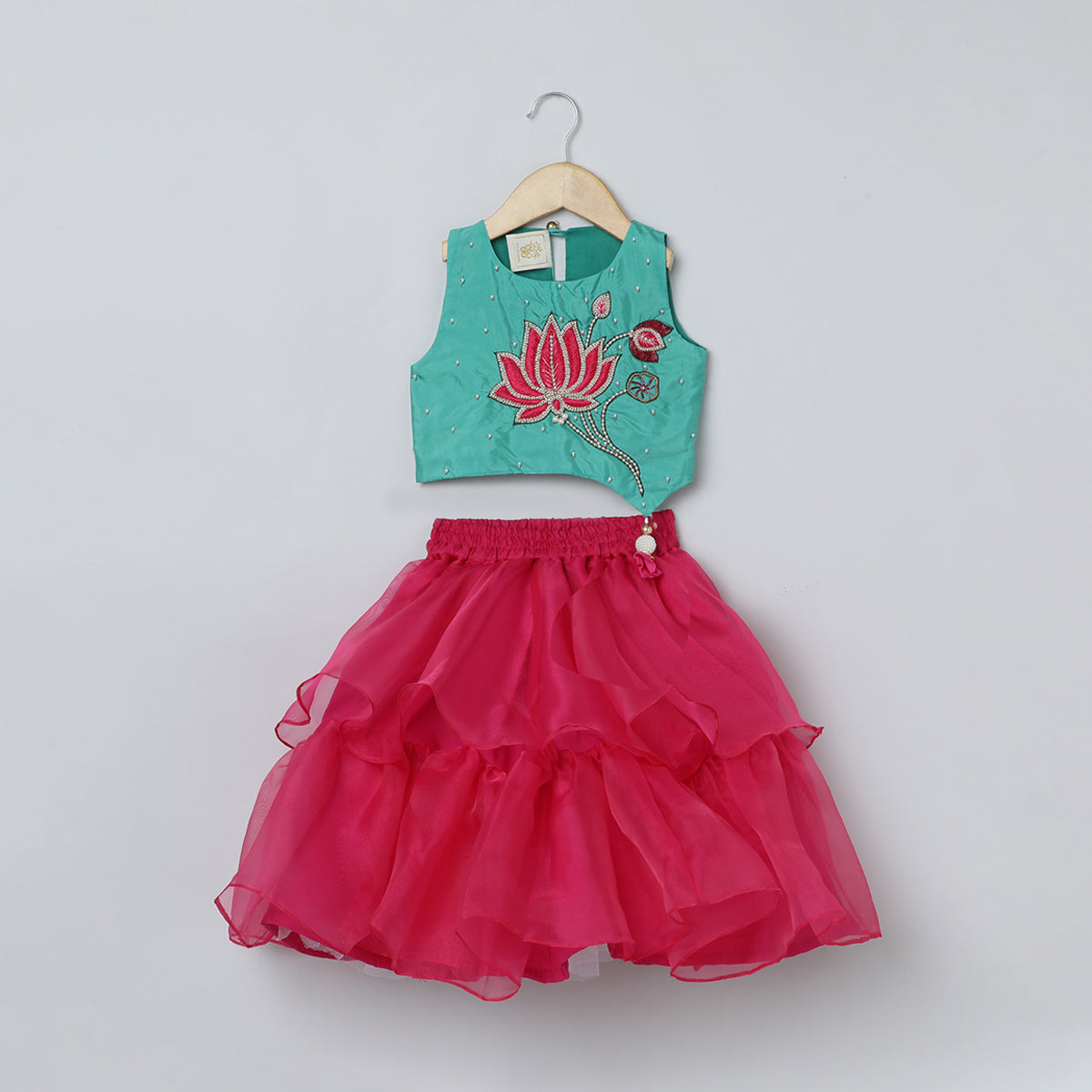 BYB PREMIUM GREEN AND PINK GIRLS LOTUS HAND PEARL AND BEADS EMBROIDERY BANGLORE SILK AND ORGANZA SKIRT AND TOP