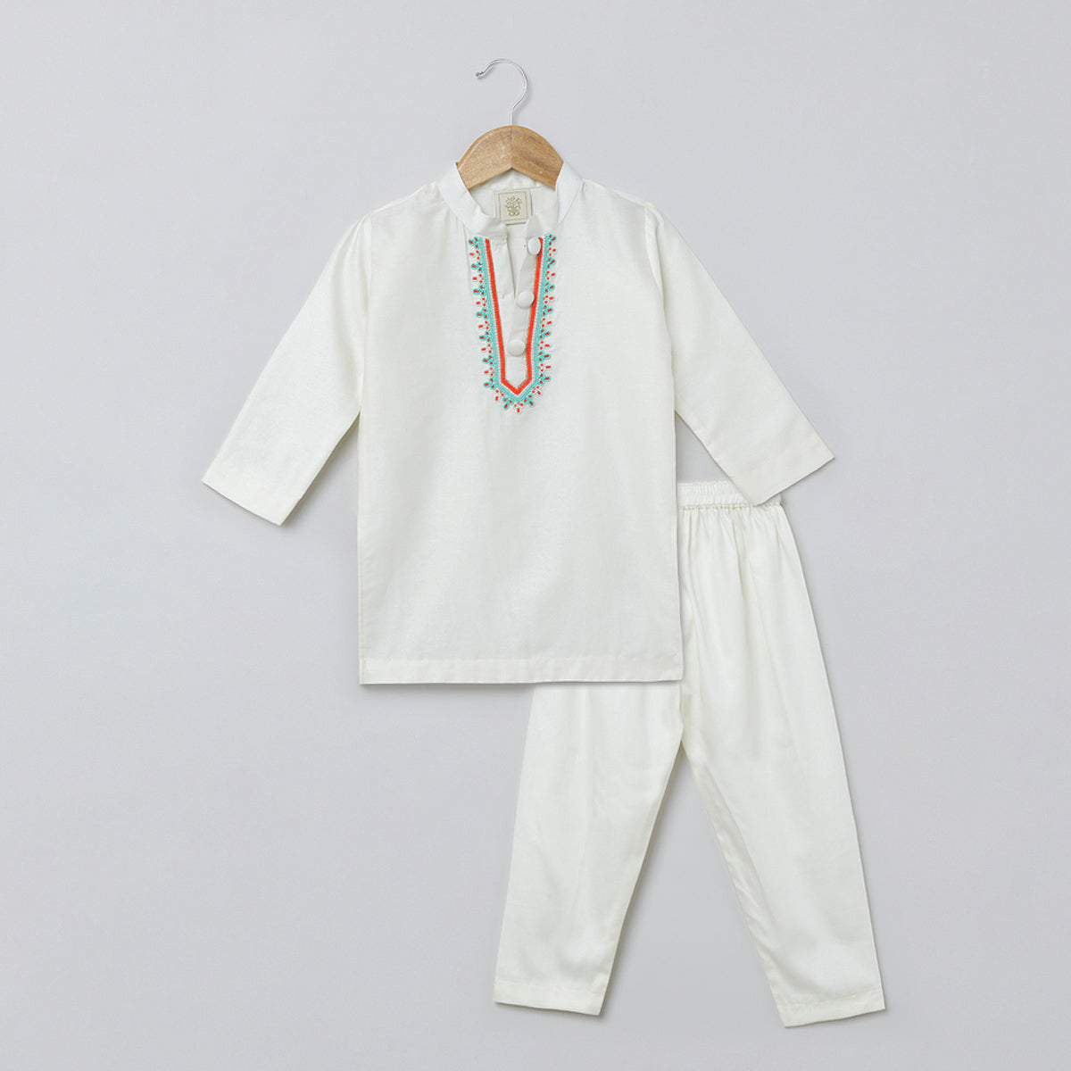 BYB PREMIUM WHITE AND MULTICOLOR BOYS BEADED HAND EMBROIDERY COTTON SATIN KURTA PYJAMA