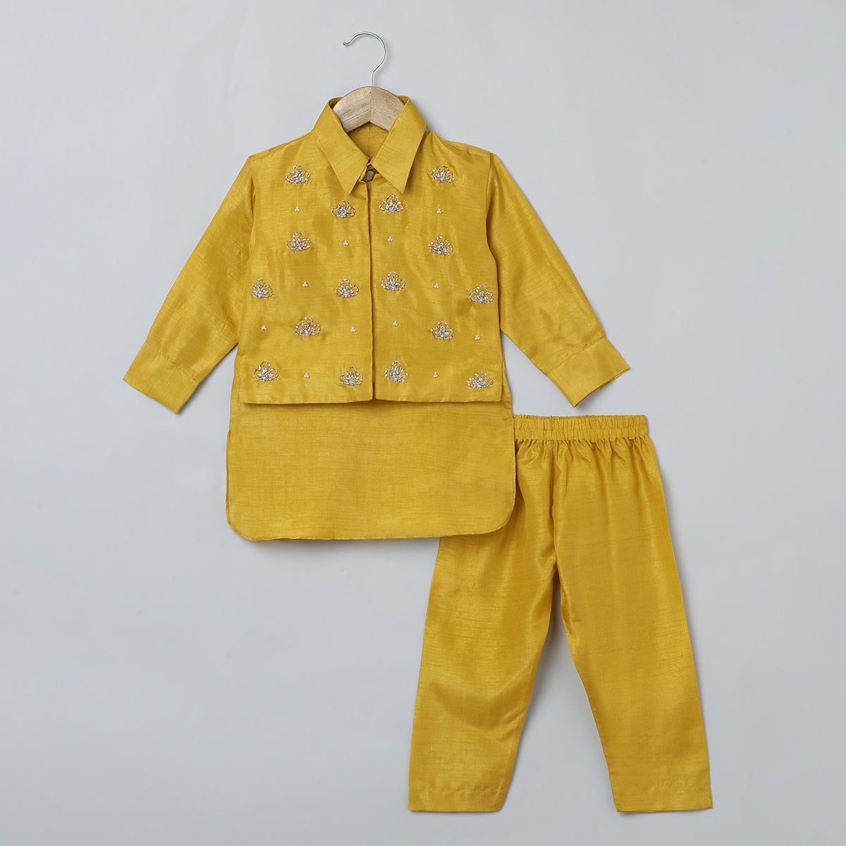 BYB PREMIUM MUSTARD YELLOW BOYS HAND EMBROIDERED SILK KURTA PYJAMA AND JACKET