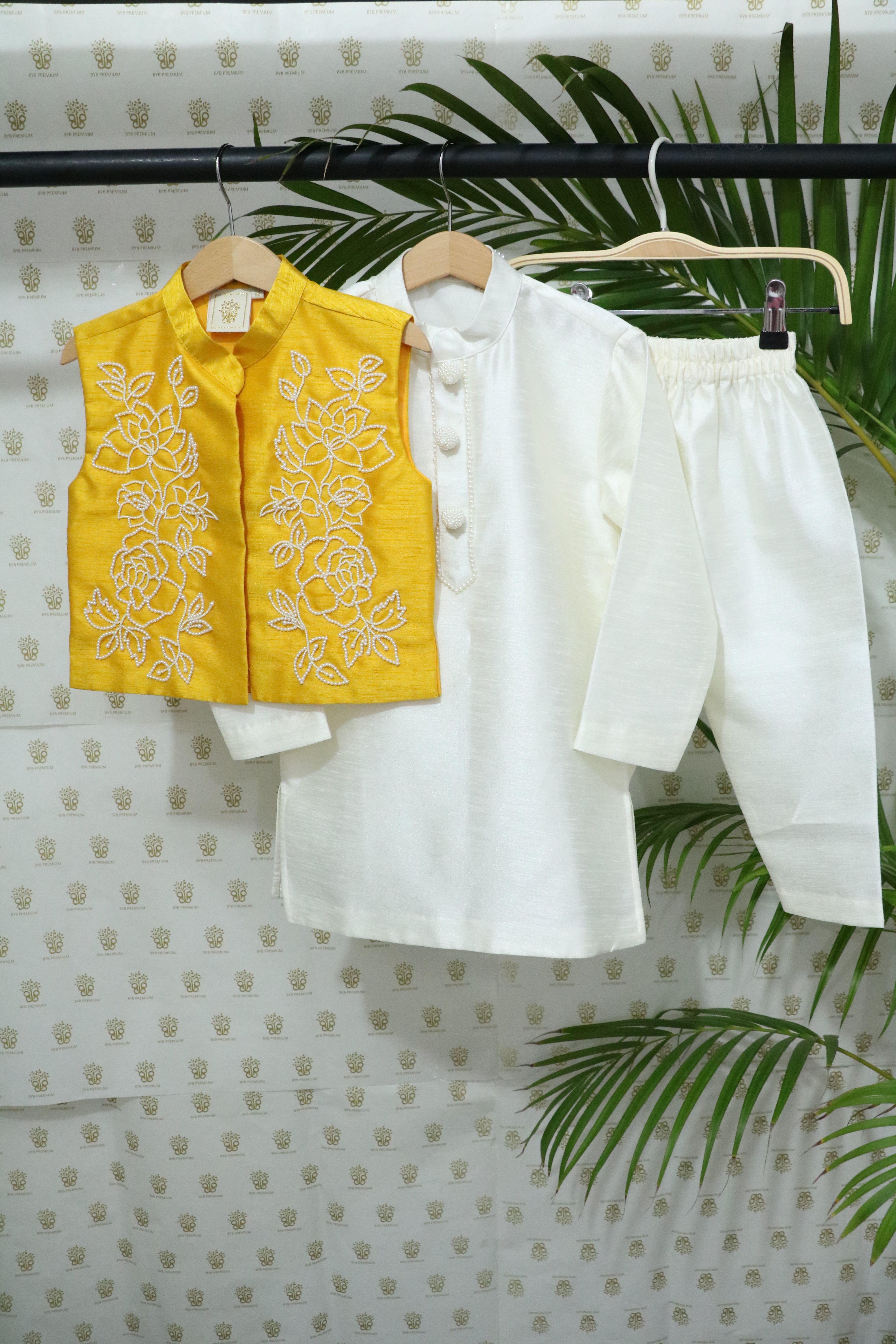 BYB PREMIUM YELLOW AND WHITE BOYS PEARL HAND EMBROIDERY  RAW SILK KURTA PYJAMA WITH JACKET