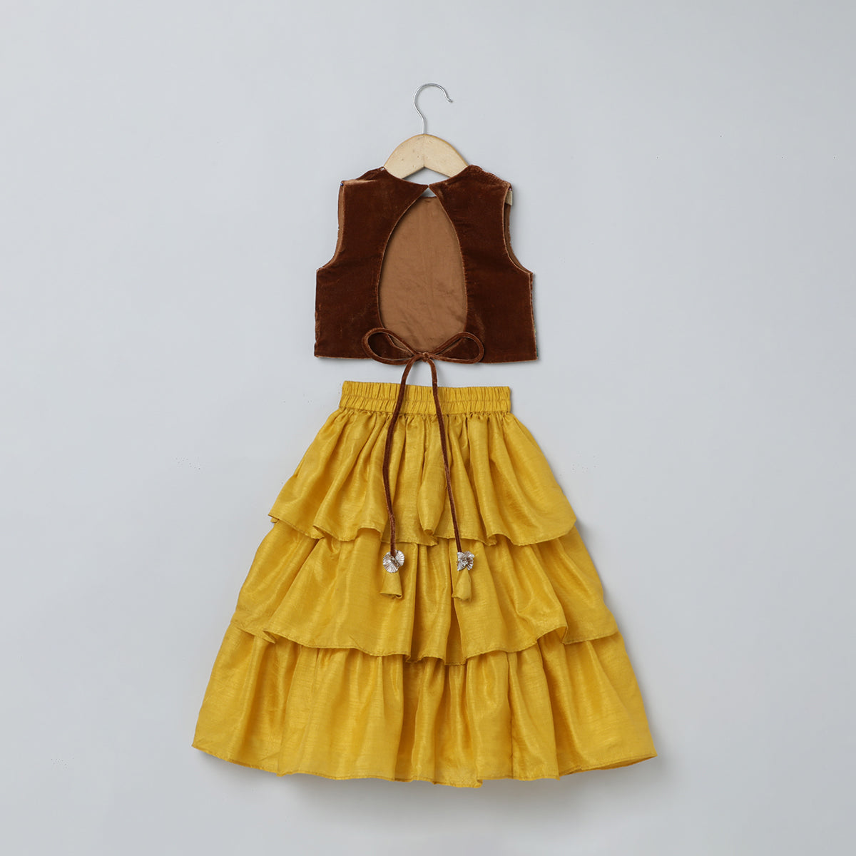 BYB PREMIUM BROWN AND MUSTARD YELLOW GIRLS HEAVY FLORAL HAND EMBROIDERY VELVET AND SILK THREE TIRED SKIRT AND TOP