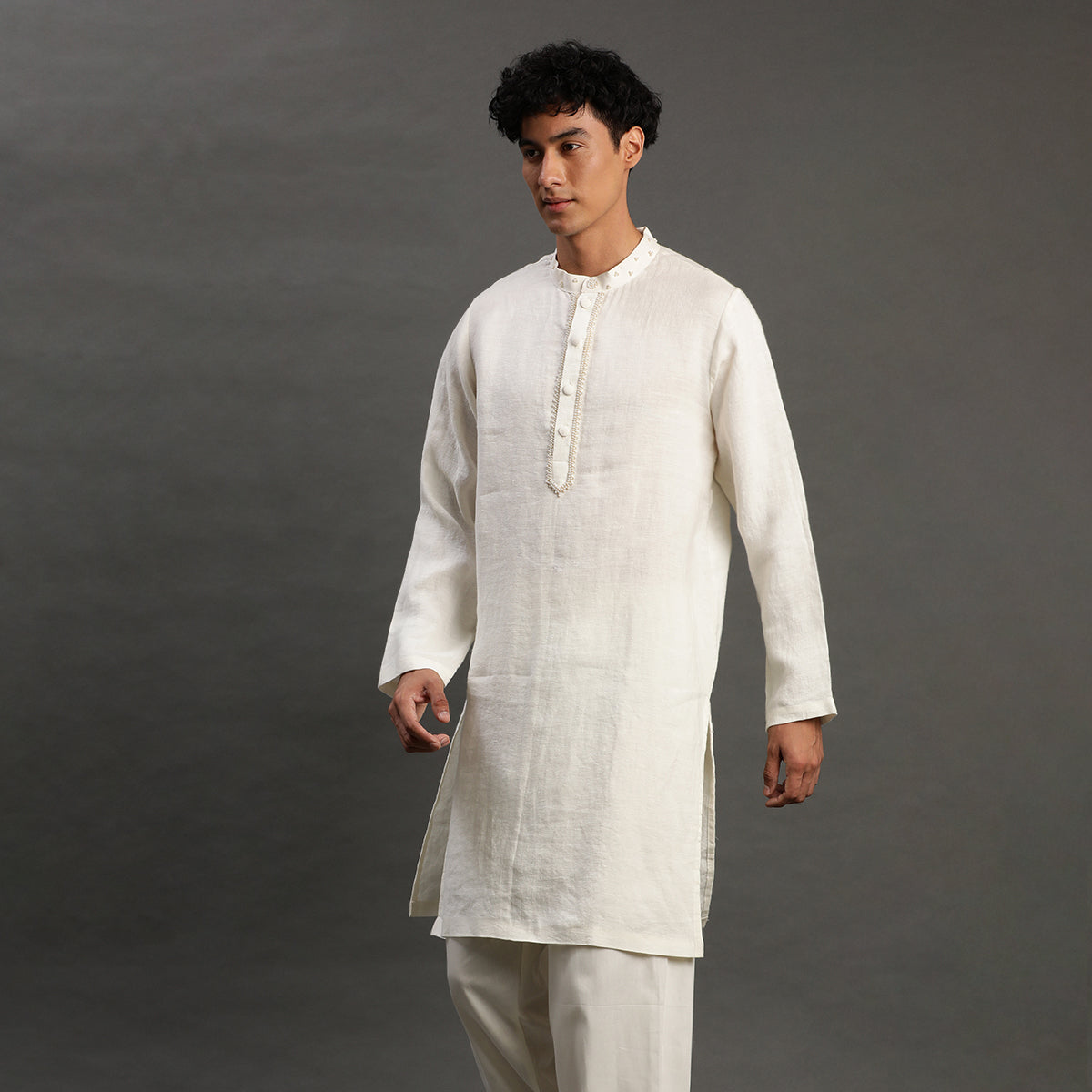 2Pcs White Linen Kurta Set