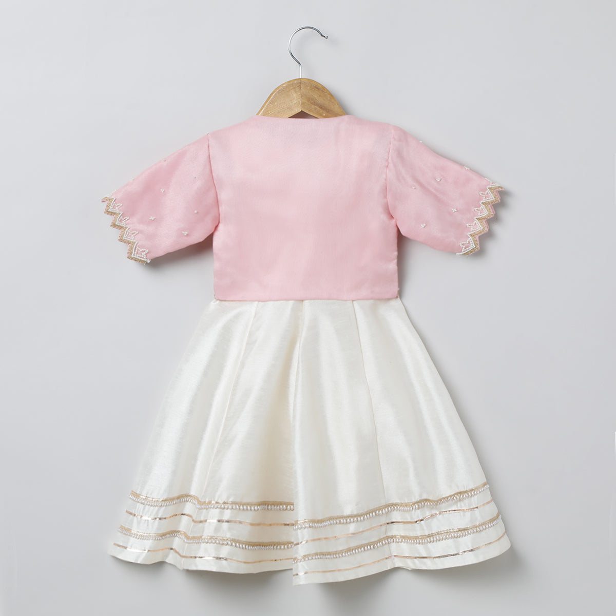 BYB PREMIUM BABY PINK AND WHITE GIRLS PEARL HAND EMBROIDERY RAW SILK AND ORGANZA ETHNIC DRESS WITH JACKET