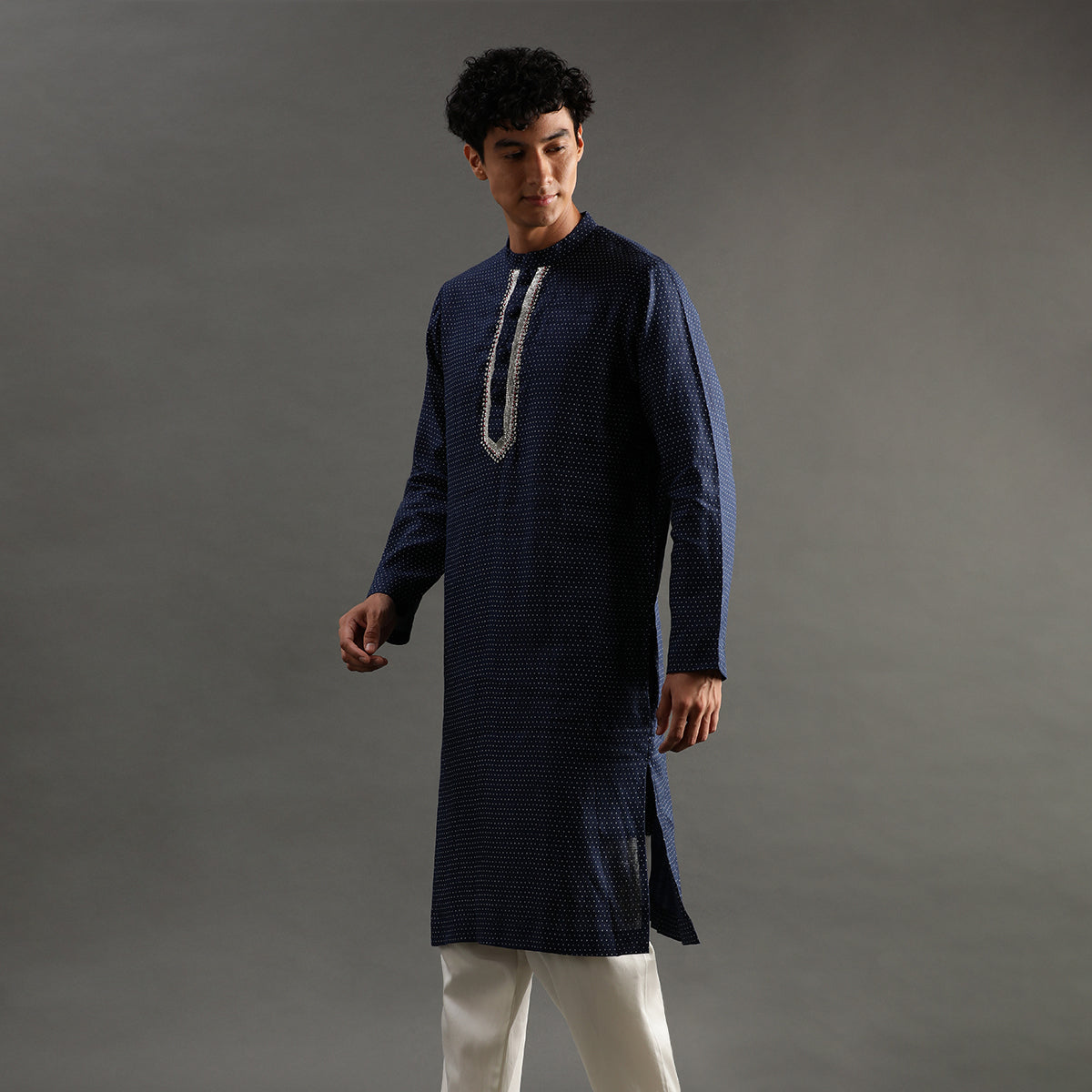 2Pcs Polka Dot Navy Linen Kurta Set