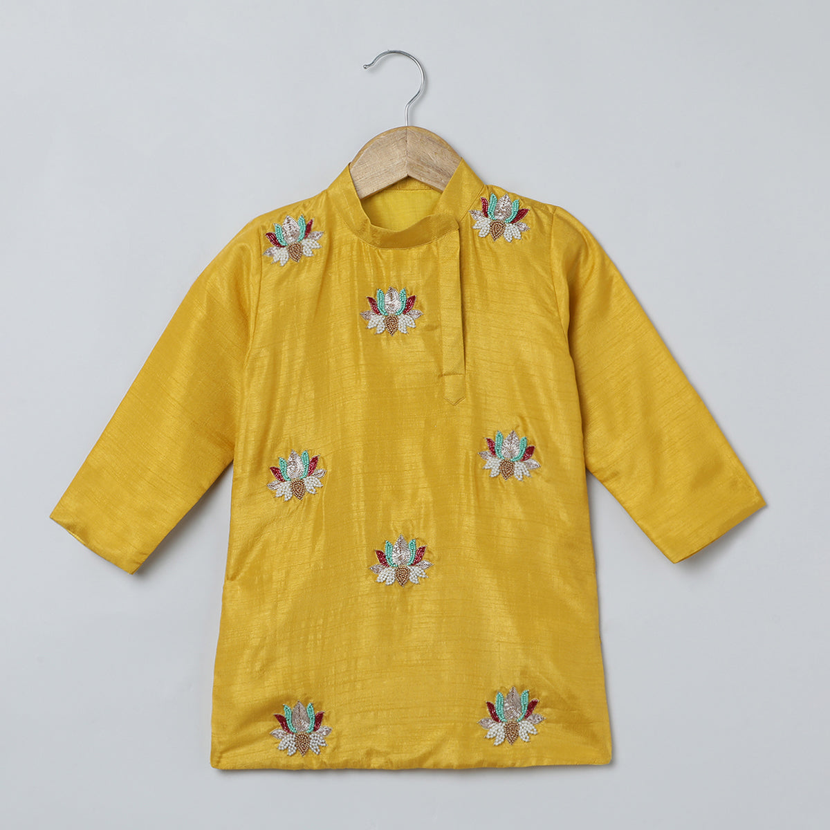 BYB PREMIUM MUSTARD YELLOW BOYS MULTI COLOR LOTUS EMBROIDERY SILK KURTA PYJAMA