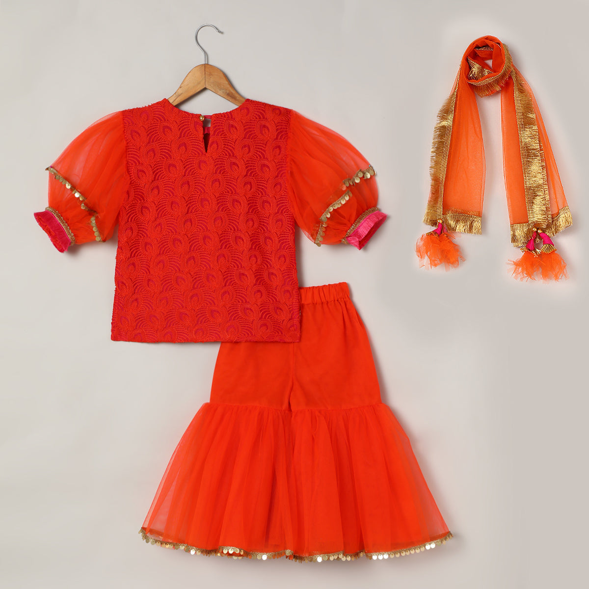 3Pcs Orange Chiffon Embroided Kurta Set