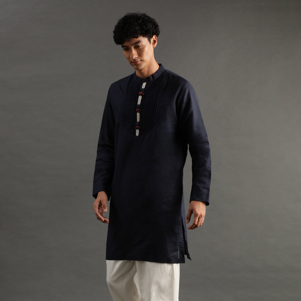 2Pcs Navy Linen Kurta Set