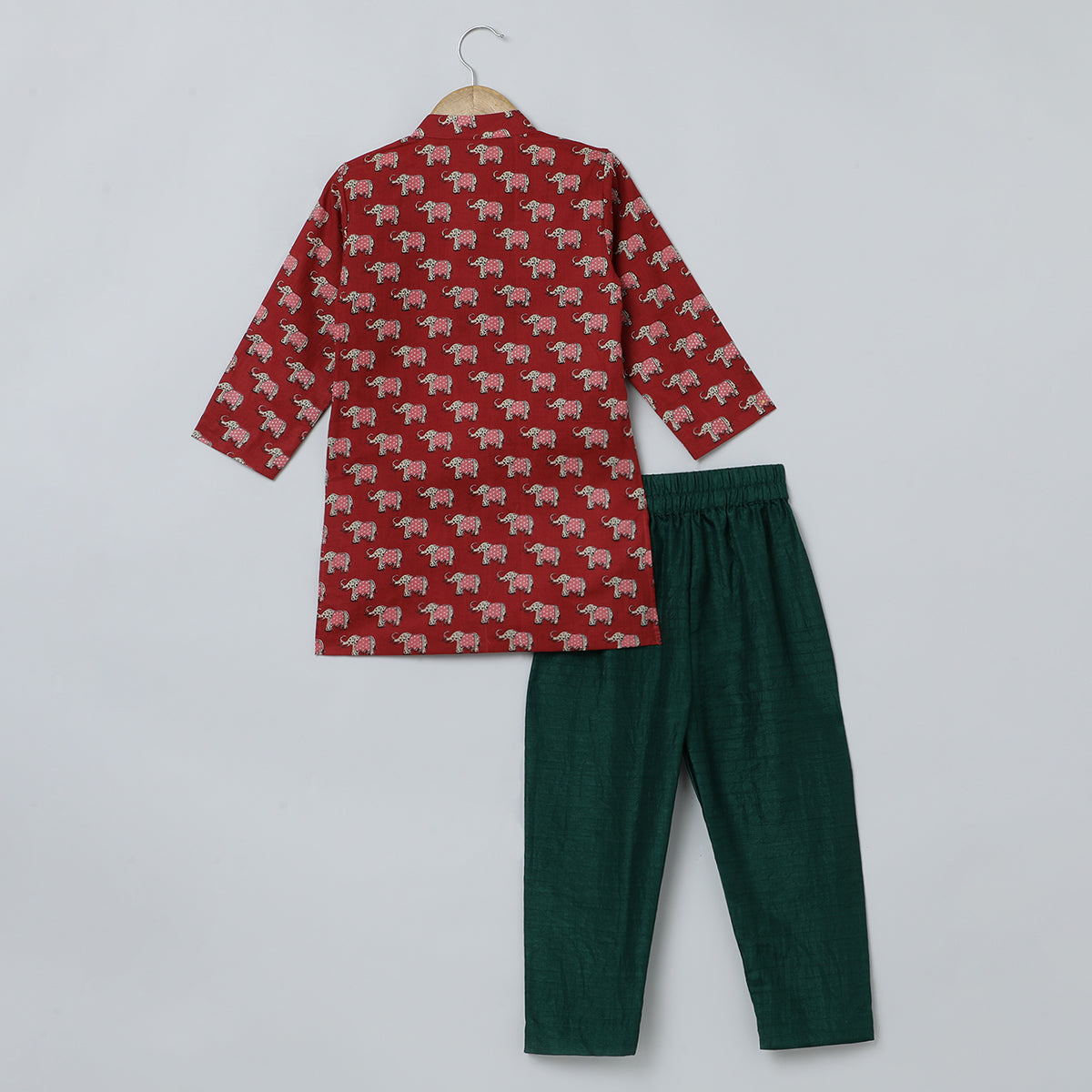 BYB PREMIUM RED AND DARK GREEN BOYS JAIPURI ELEPHANT PRINT PURE COTTON KURTA PYJAMA