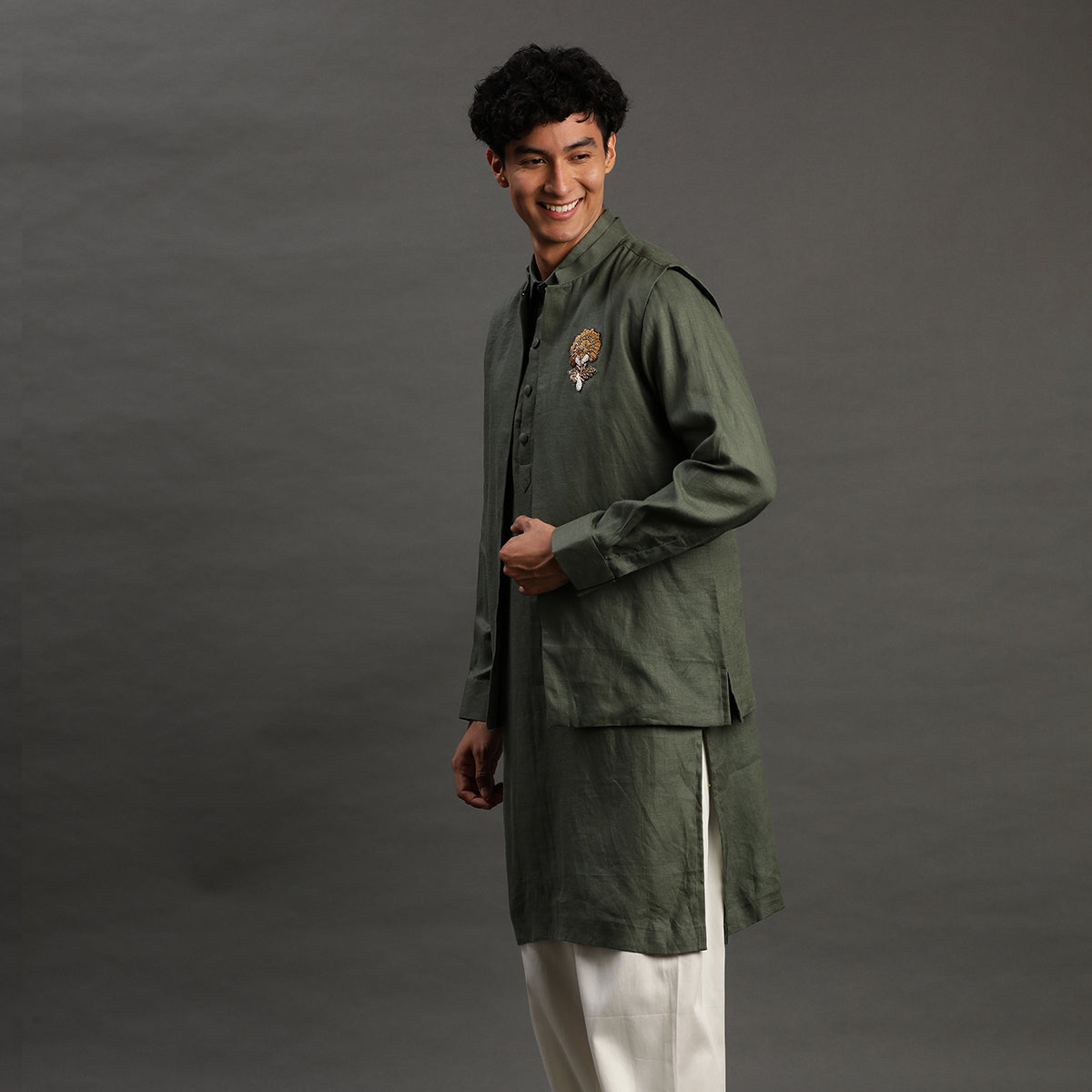 3Pcs Olive Linen Kurta Set