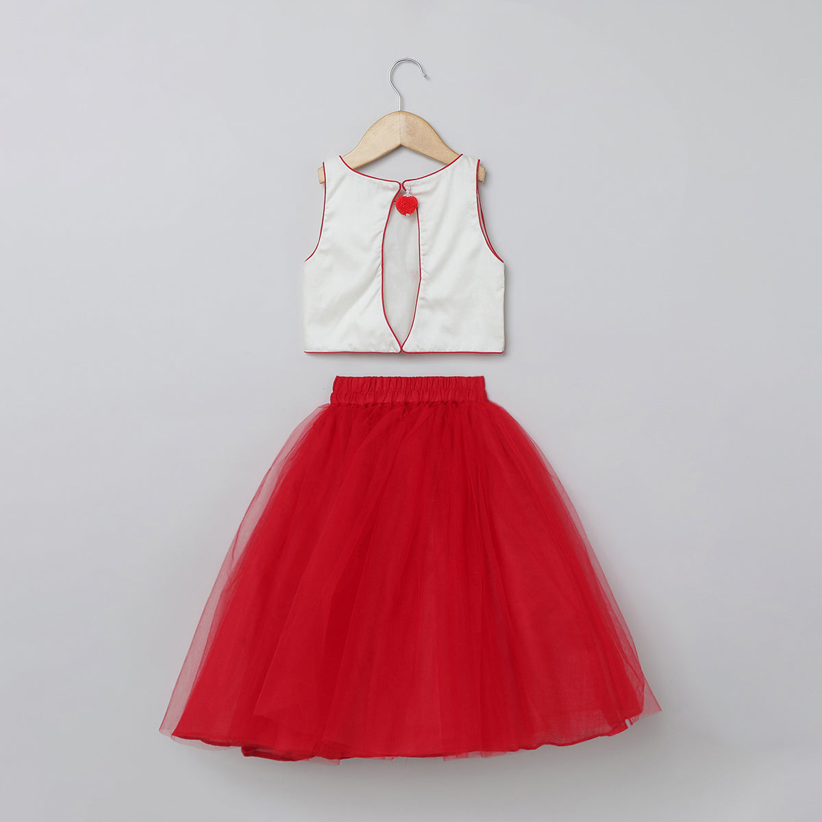 BYB PREMIUM RED AND WHITE GIRLS HEART OR LOVE SHAPE BEADED EMBROIDERY WITH FANCY LATKAN PURE COTTON AND TULLE NET SKIRT AND TOP