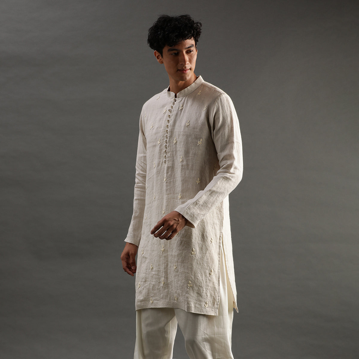 2Pcs Beige Linen Kurta with Hand Embroidery Set