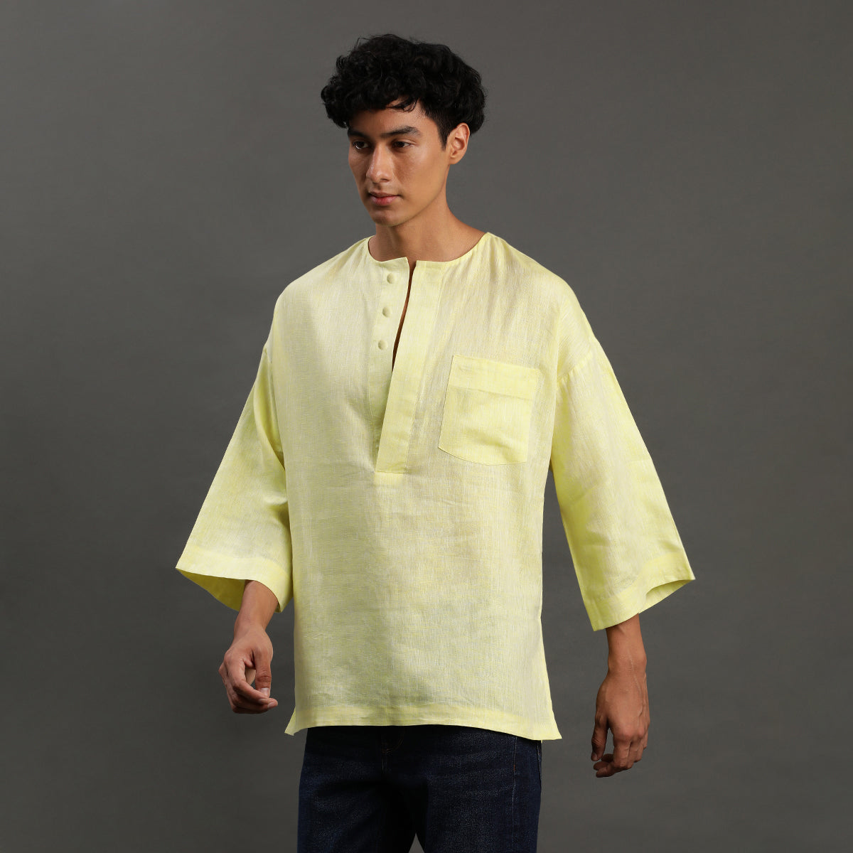 1Pc Lime Linen Drop Shoulder Short Kurta