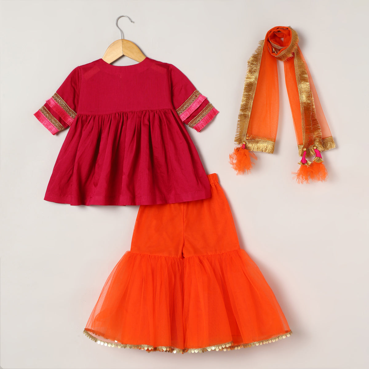 3Pcs Magenta and Orange Kurta Set