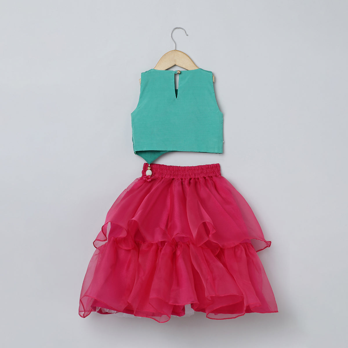 BYB PREMIUM GREEN AND PINK GIRLS LOTUS HAND PEARL AND BEADS EMBROIDERY BANGLORE SILK AND ORGANZA SKIRT AND TOP