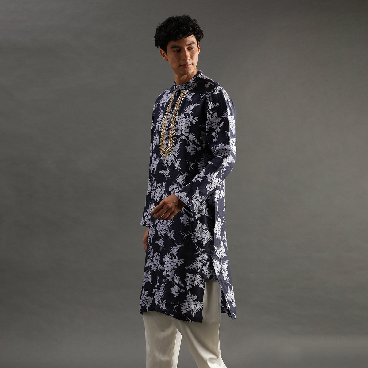 2Pcs Navy Floral Linen Kurta Set