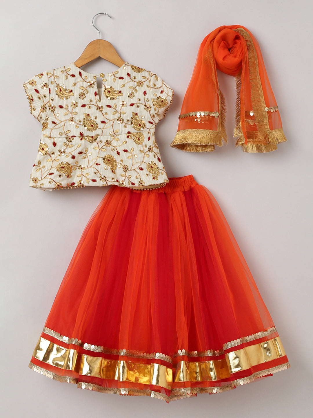 3Pcs White and Orange Embroided Lehenga Set