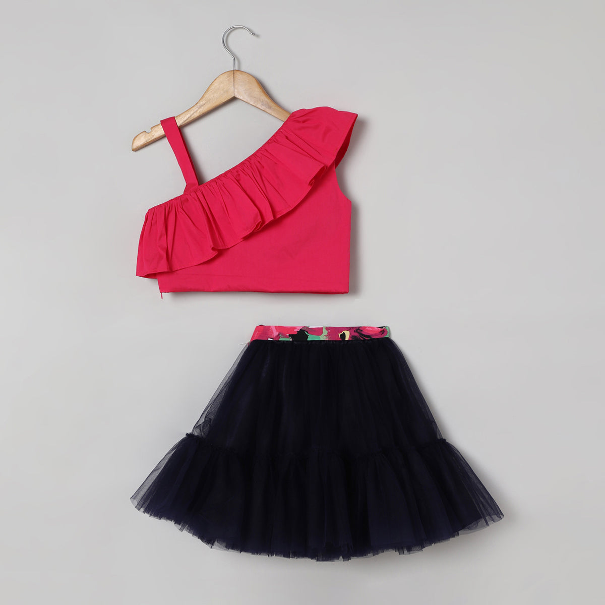 One Shoulder Strap Top Set with Tulle Skirt