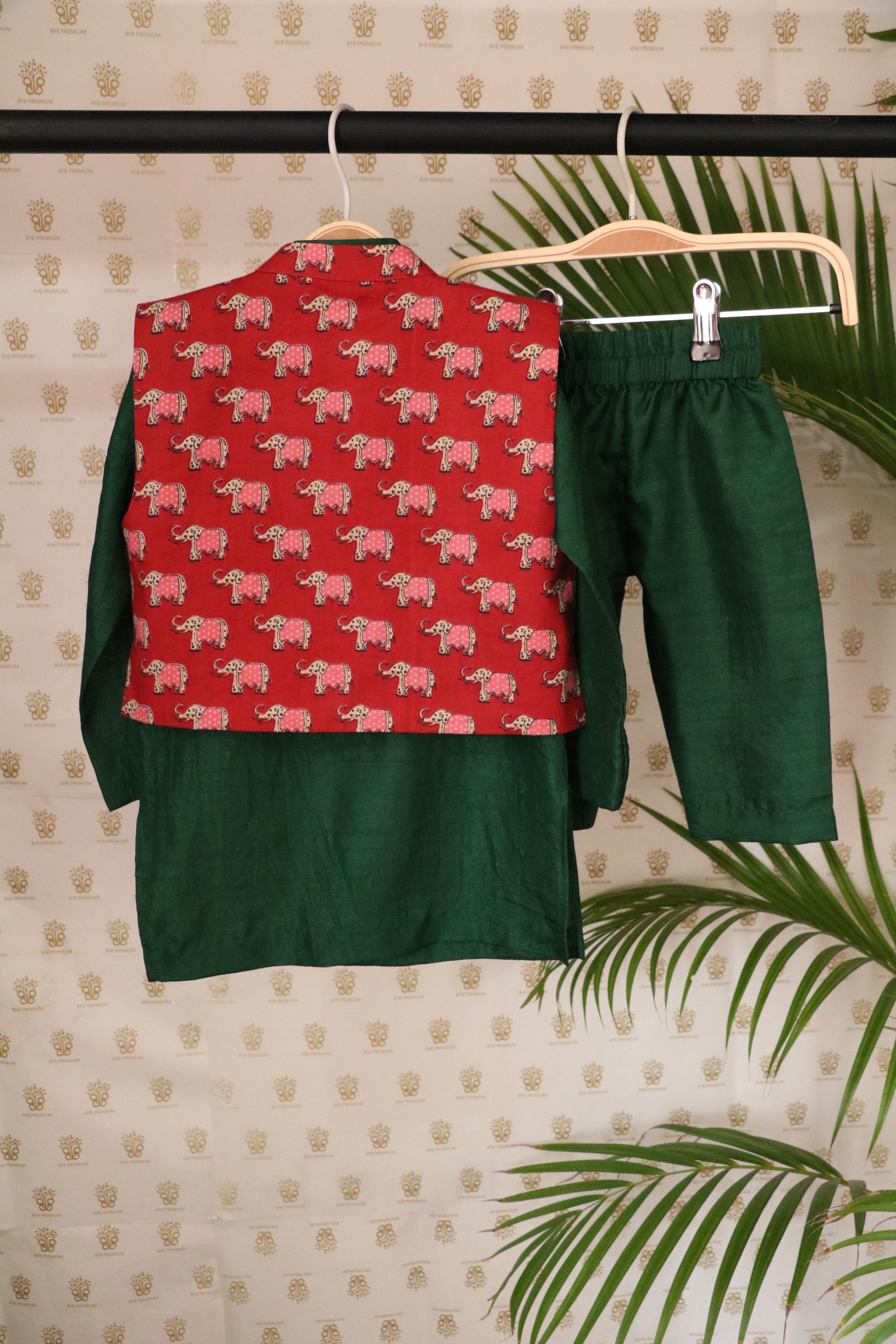 BYB PREMIUM DARK GREEN AND RED BOYS JAIPURI ELEPHANT PRINT PURE COTTON KURTA PYJAMA AND JACKET