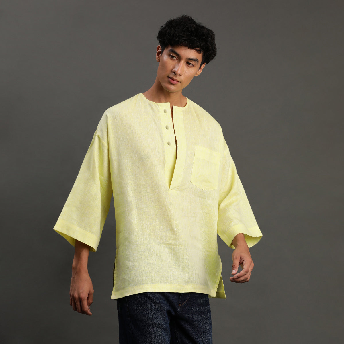 1Pc Lime Linen Drop Shoulder Short Kurta