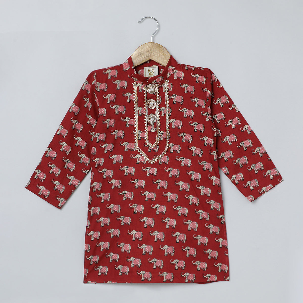 BYB PREMIUM RED AND DARK GREEN BOYS JAIPURI ELEPHANT PRINT PURE COTTON KURTA PYJAMA