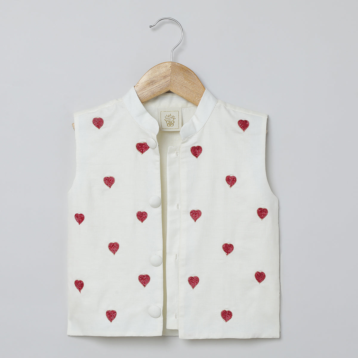 BYB PREMIUM WHITE AND RED BOYS HEART OR LOVE SHAPE BEADED EMBROIDERY PURE COTTON KURTA PYJAMA WITH JACKET