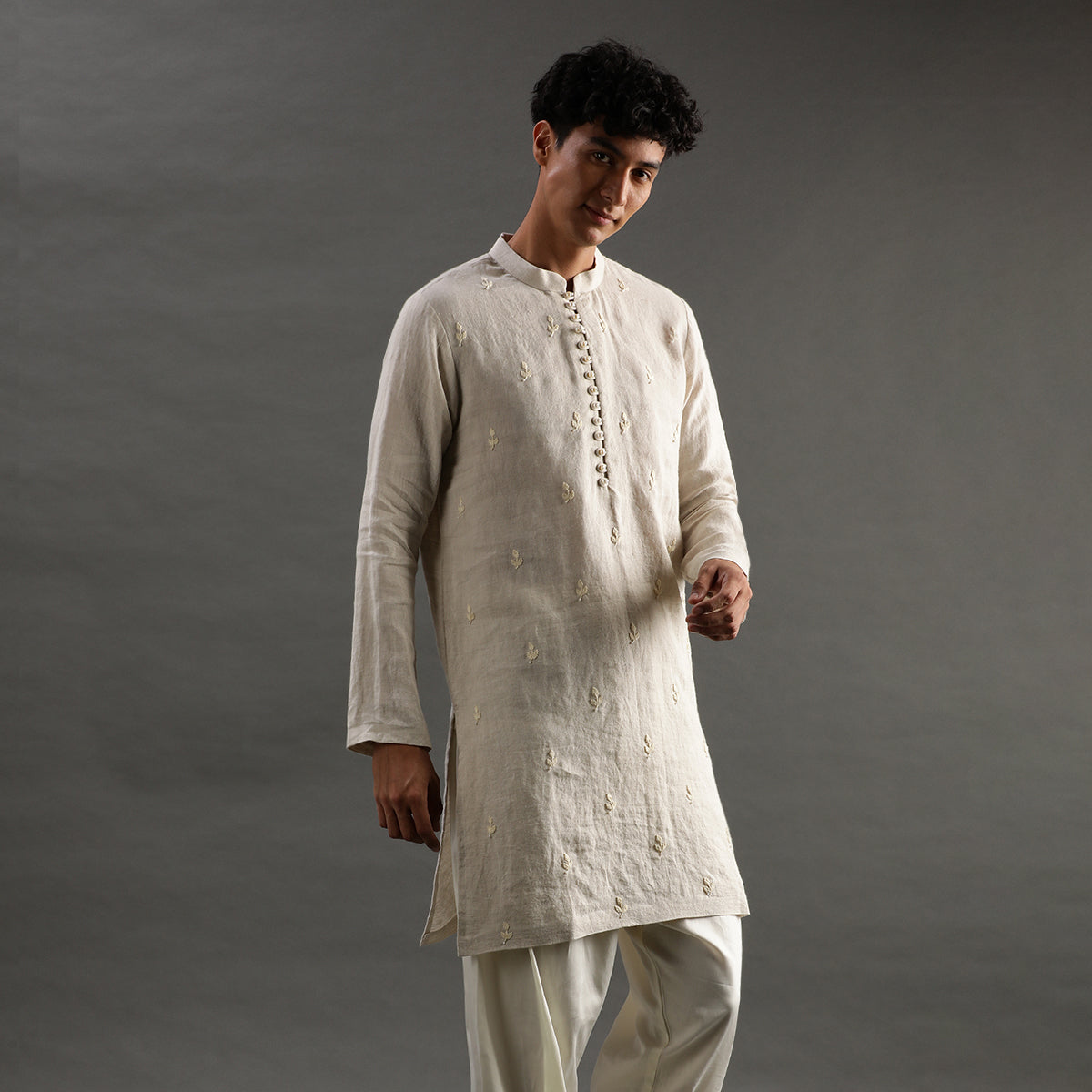 2Pcs Beige Linen Kurta with Hand Embroidery Set