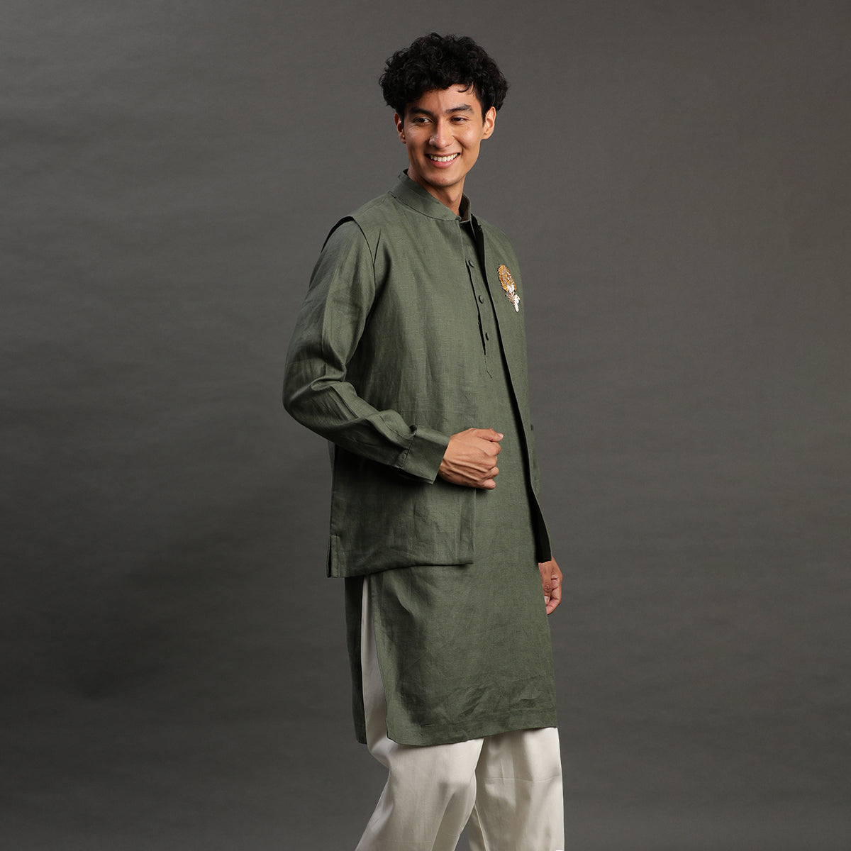 3Pcs Olive Linen Kurta Set