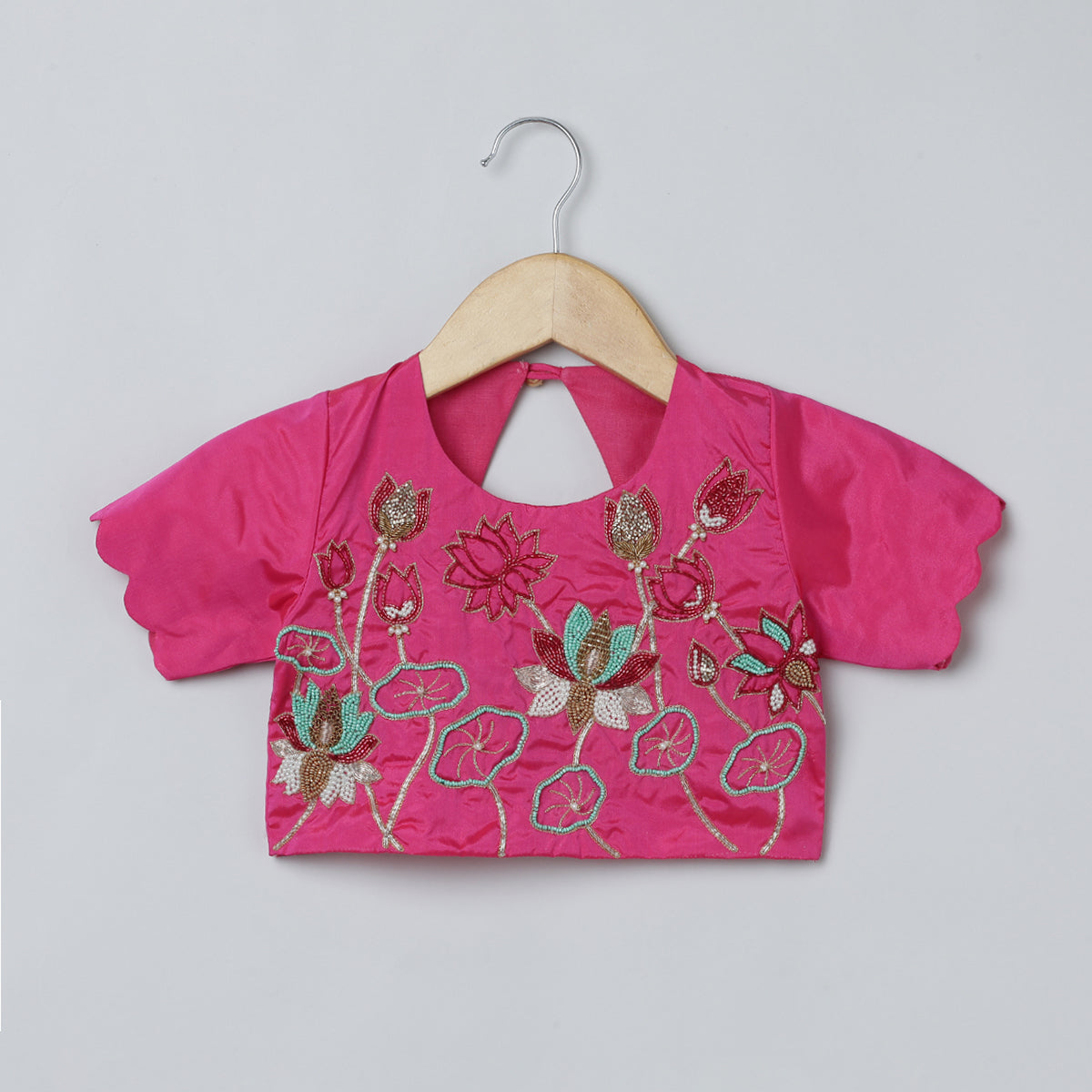 BYB PREMIUM PINK GIRLS LOTUS HAND PEARL AND BEADS EMBROIDERY BANGLORE SILK  THREE TIRED SKIRT AND TOP