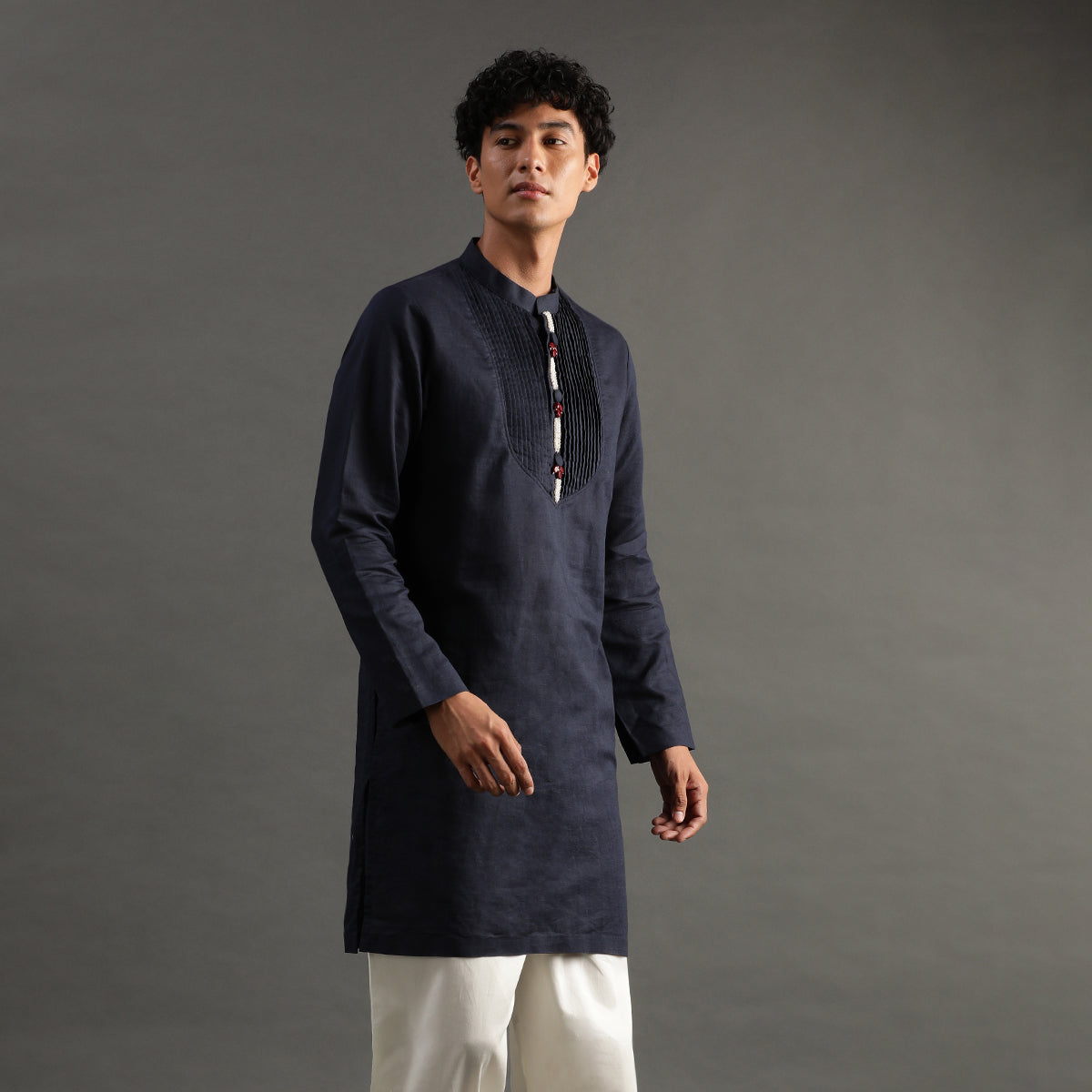 2Pcs Navy Linen Kurta Set