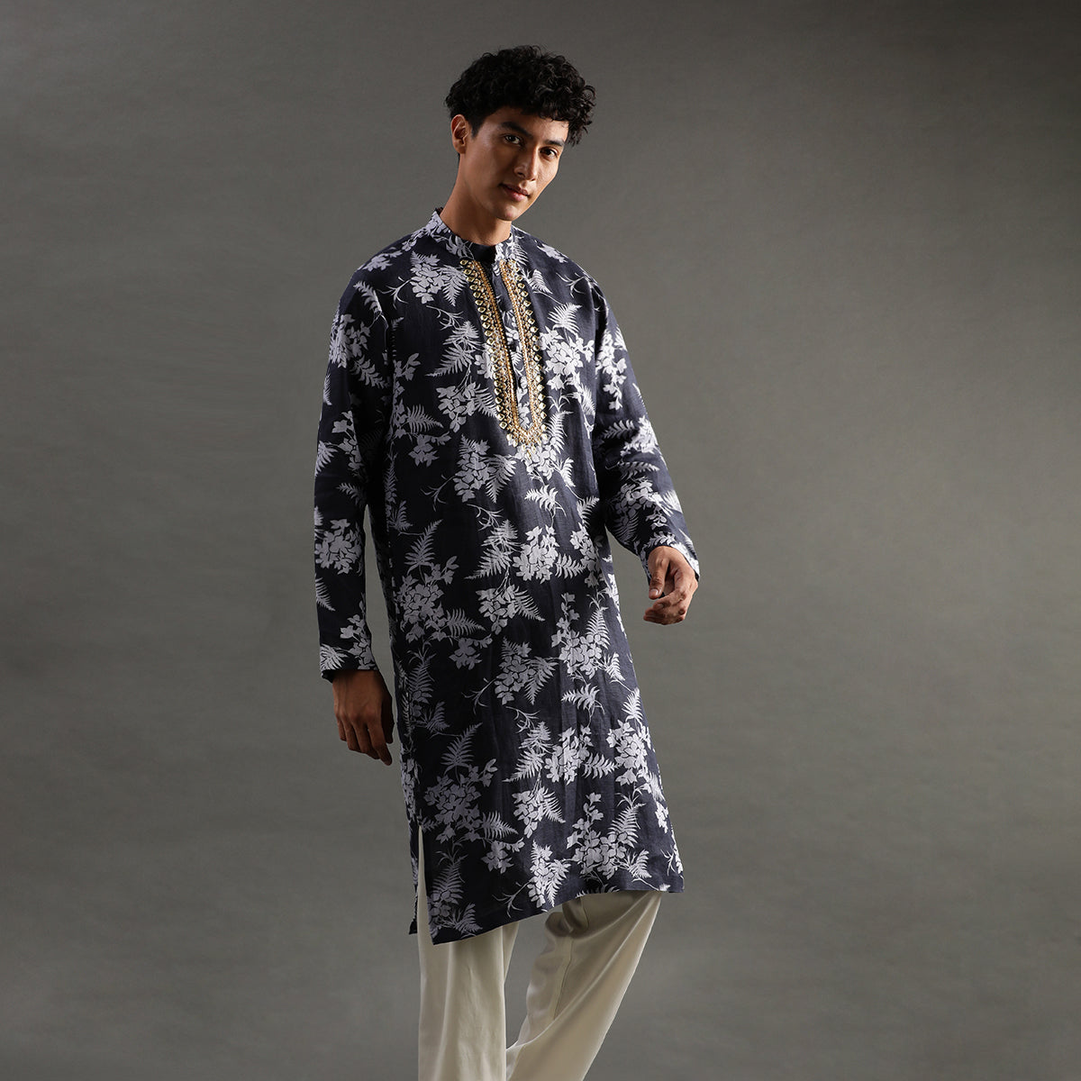 2Pcs Navy Floral Linen Kurta Set