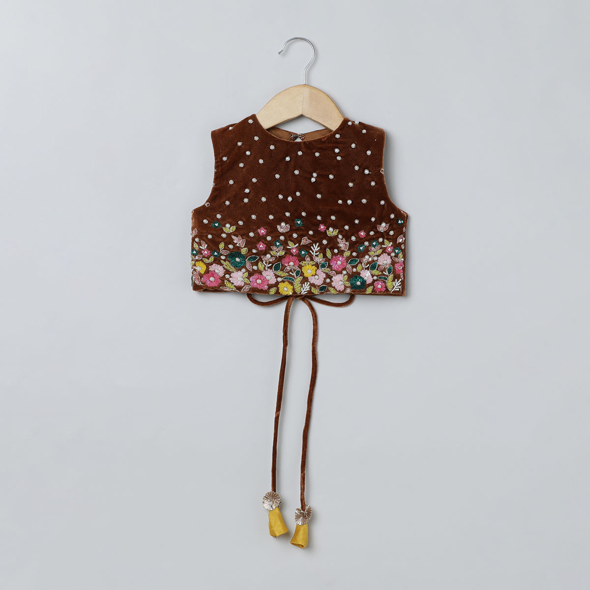 BYB PREMIUM BROWN AND MUSTARD YELLOW GIRLS HEAVY FLORAL HAND EMBROIDERY VELVET AND SILK THREE TIRED SKIRT AND TOP